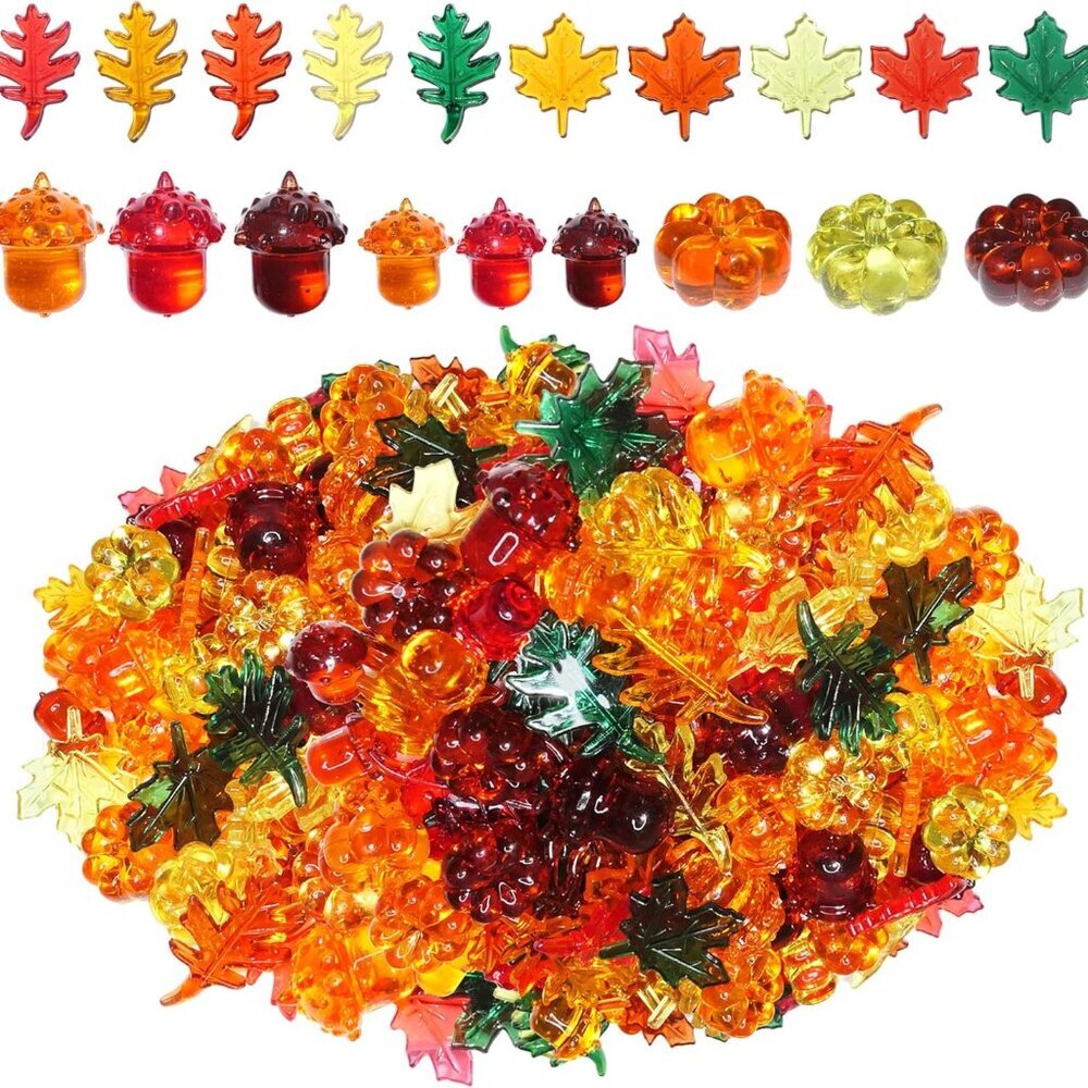 Fall Vase Filler,165 Pcs Acrylic Pumpkin Leaves Acorn Gems Sensory Bin Fillers f